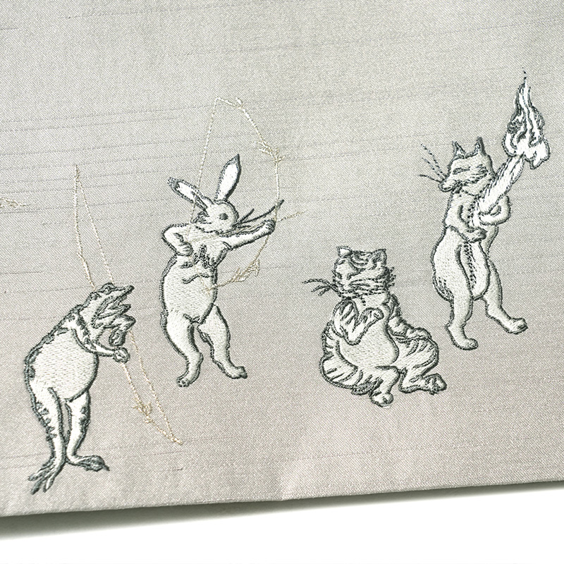 撫松庵 京袋帯 猫獣戯画 刺繍 ベージュ グレージュ 鳥獣戯画 撫松庵 京袋帯 猫獣戯画 刺繍 ベージュ グレージュ 鳥獣戯画