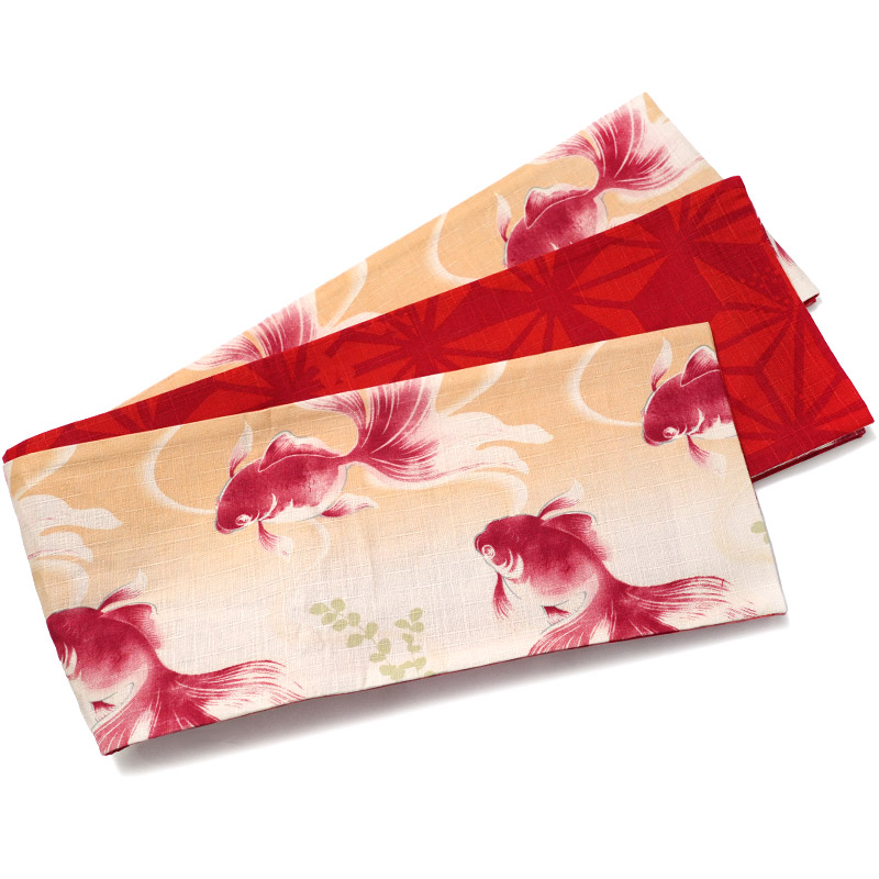 半幅帯 金魚 麻の葉 黄色 赤 水色 グラデーション リバーシブル 古典柄