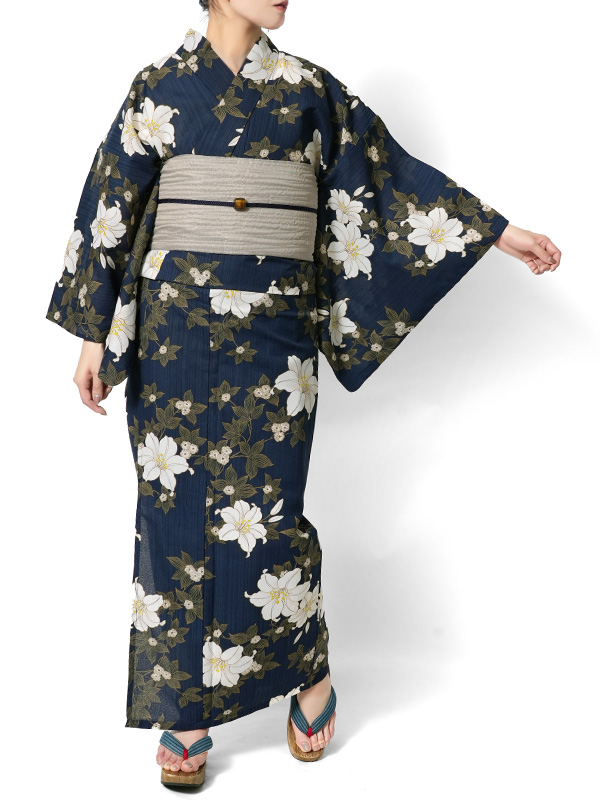 浴衣 鉄線花 紺 ネイビー ポリエステル アイロンレス 古典柄