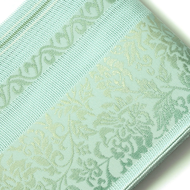 半幅帯 紗 献上柄風 花唐草 エメラルドグリーン 薄緑 水色 グレー