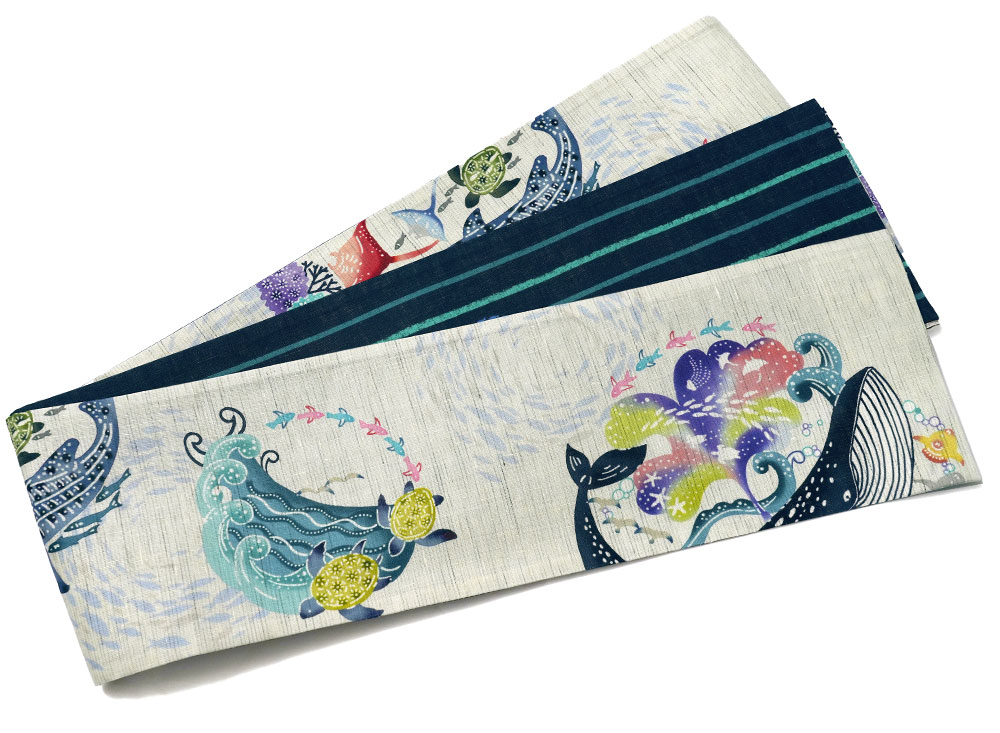 【即発送可能】 魚 海 グレー オーシャンズ 麻 WAKKA 半幅帯 クジラ 紺 紅型風 着物・浴衣