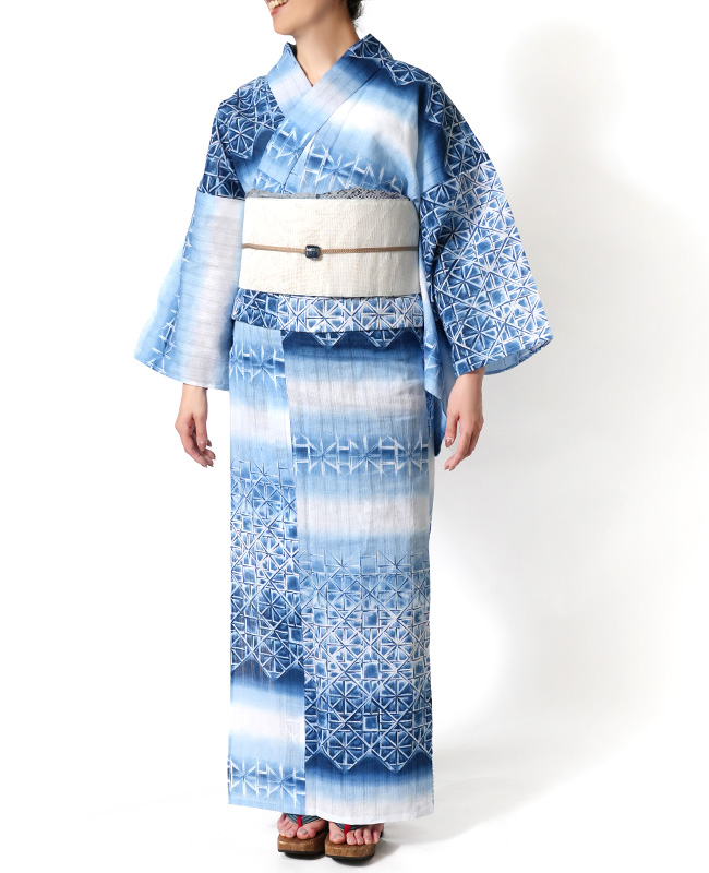 浴衣 美術サロン 藍捺染 切子ガラス風 藍 紺 白 知多木綿 綿麻 レディース 上品 女性用 仕立上がり 単品 日本製 本染めの画像