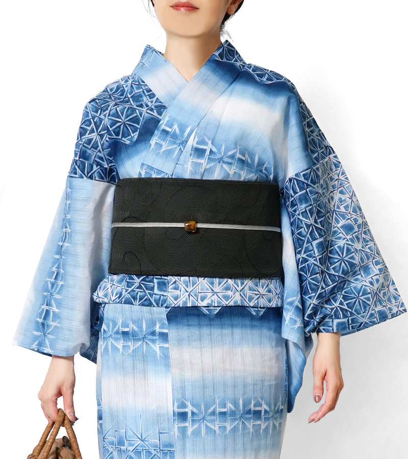 浴衣 美術サロン 藍捺染 切子ガラス風 藍 紺 白 知多木綿 綿麻 レディース 上品 女性用 仕立上がり 単品 日本製 本染めの画像