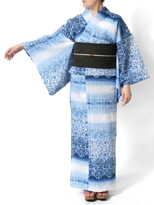 浴衣 美術サロン 藍捺染 切子ガラス風 藍 紺 白 知多木綿 綿麻