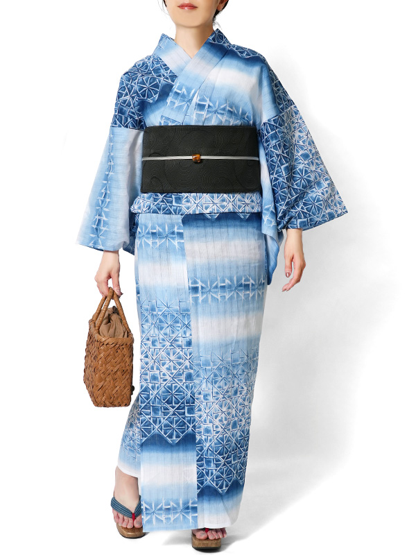浴衣 美術サロン 藍捺染 切子ガラス風 藍 紺 白 知多木綿 綿麻 レディース 上品 女性用 仕立上がり 単品 日本製 本染めの画像