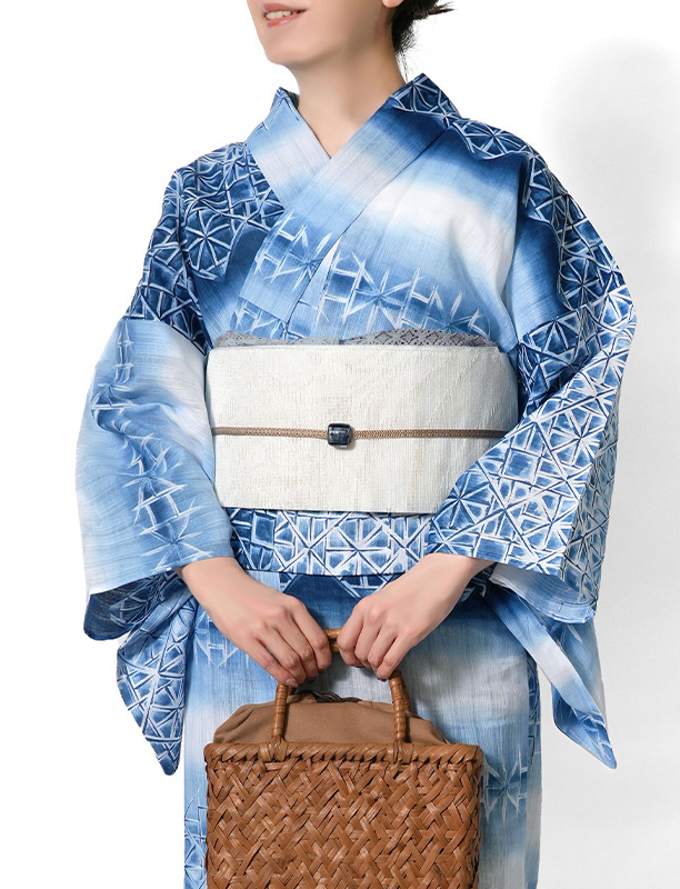 浴衣 美術サロン 藍捺染 切子ガラス風 藍 紺 白 知多木綿 綿麻 レディース 上品 女性用 仕立上がり 単品 日本製 本染めの画像