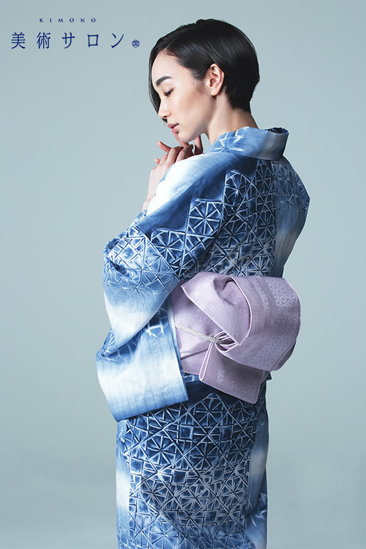 浴衣 美術サロン 藍捺染 切子ガラス風 藍 紺 白 知多木綿 綿麻 レディース 上品 女性用 仕立上がり 単品 日本製 本染めの画像