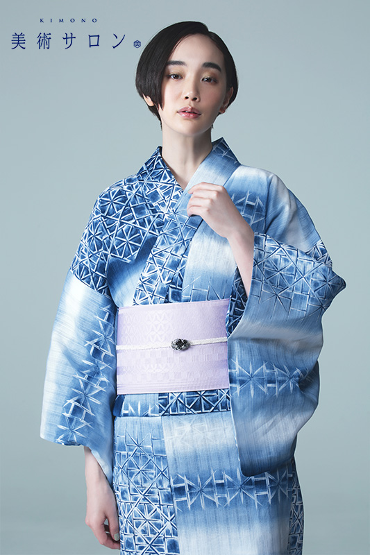 浴衣 美術サロン 藍捺染 切子ガラス風 藍 紺 白 知多木綿 綿麻