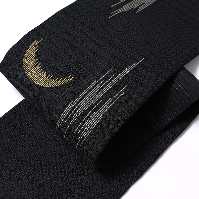 撫松庵 半幅帯 月 刺繍 黒 ブラック 絽 日本製 半巾帯 長尺 夏帯