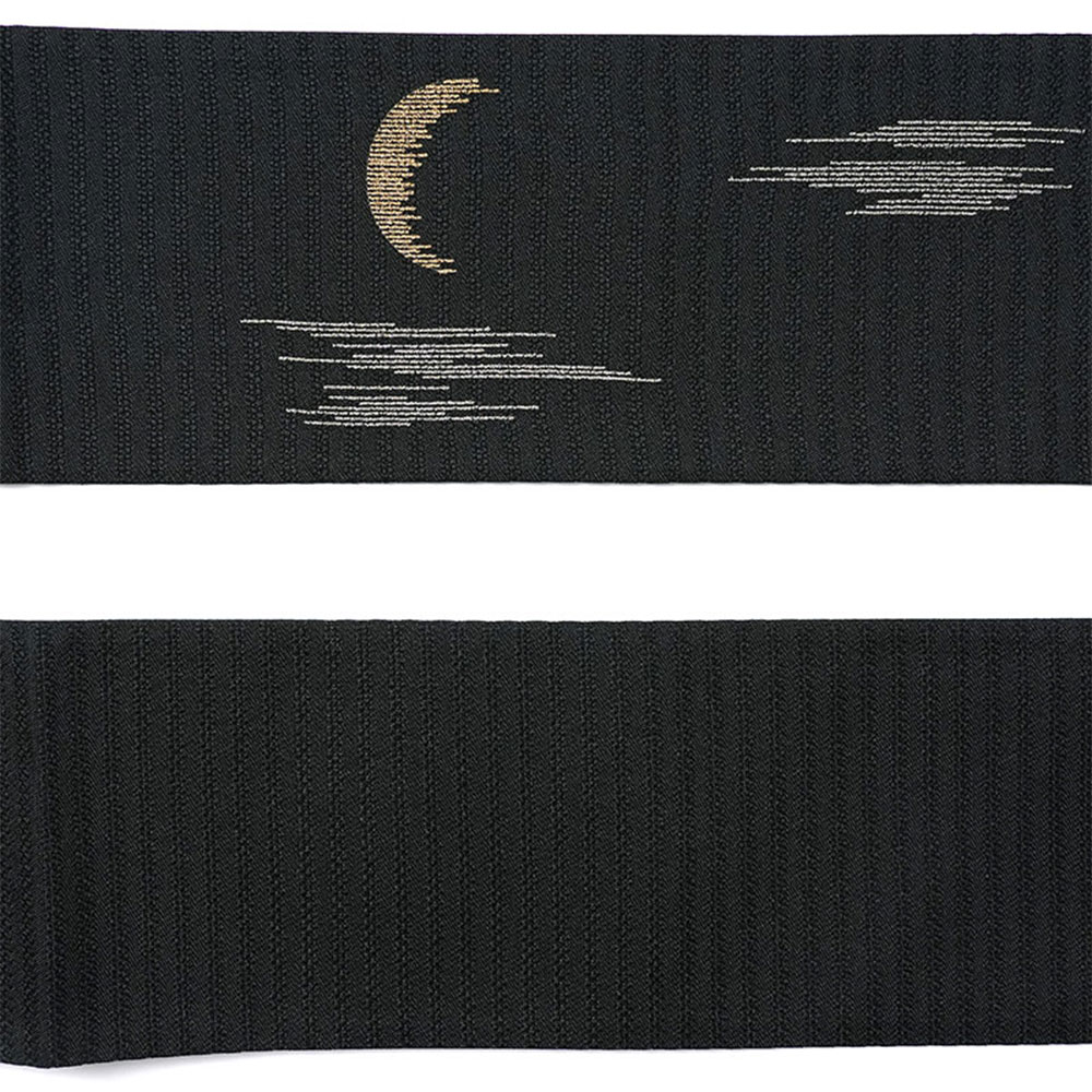 撫松庵 半幅帯 月 刺繍 黒 ブラック 絽 日本製 半巾帯 長尺 夏帯