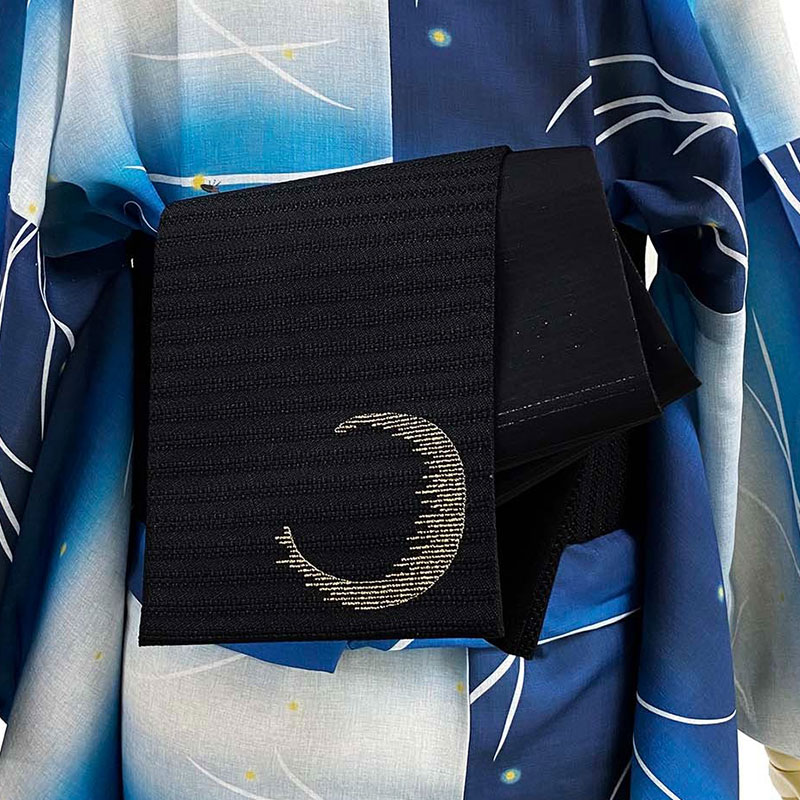 撫松庵 半幅帯 月 刺繍 黒 ブラック 絽 日本製 半巾帯 長尺 夏帯