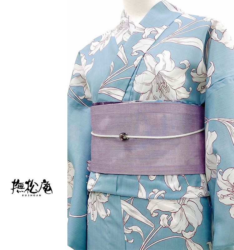 撫松庵 アウトラインリリー 水色 花 百合 セオアルファ 単衣 夏着物