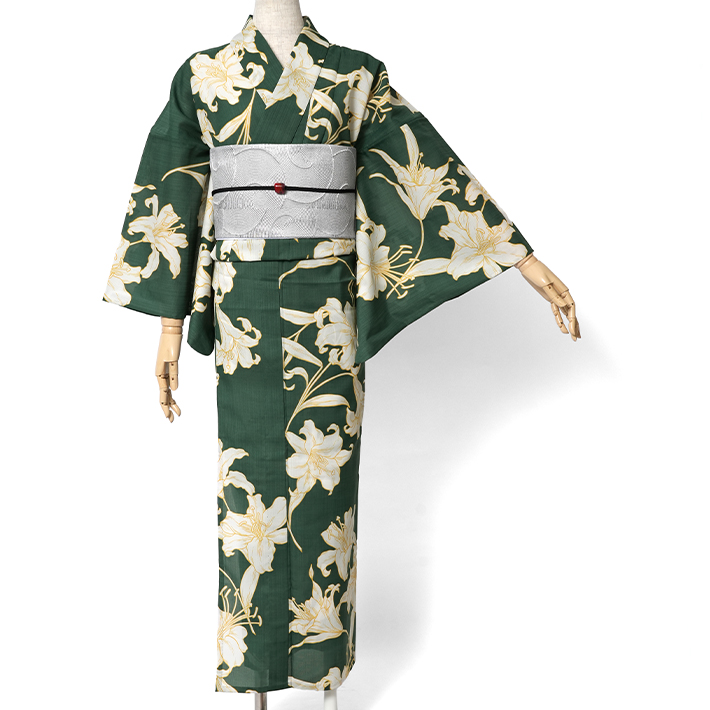 撫松庵 アウトラインリリー 緑 花 百合 セオアルファ 単衣 夏着物 浴衣