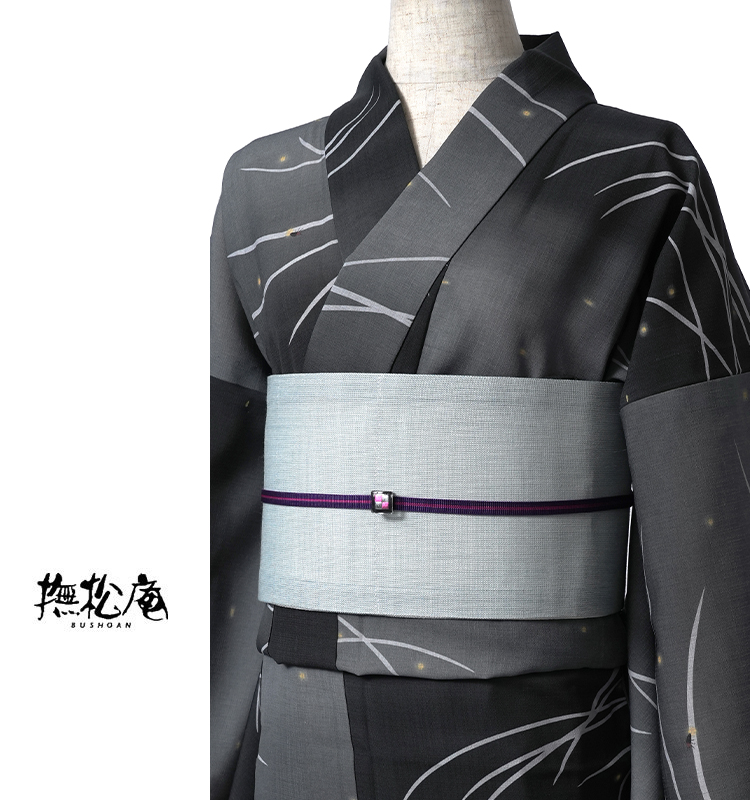 撫松庵 露芝と蛍 グレー グラデーション ぼかし 青 セオアルファ 単衣