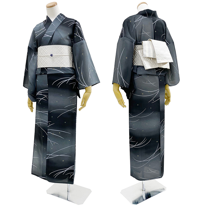 撫松庵 露芝と蛍 グレー グラデーション ぼかし 青 セオアルファ 単衣