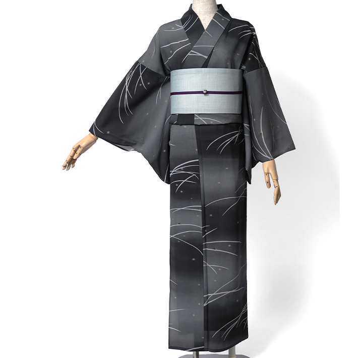 【新品、未着用】絽着物 グラデーション ぼかし (着物のみの販売) 撫松庵 露芝と蛍 グレー グラデーション ぼかし 青 セオアルファ 単衣