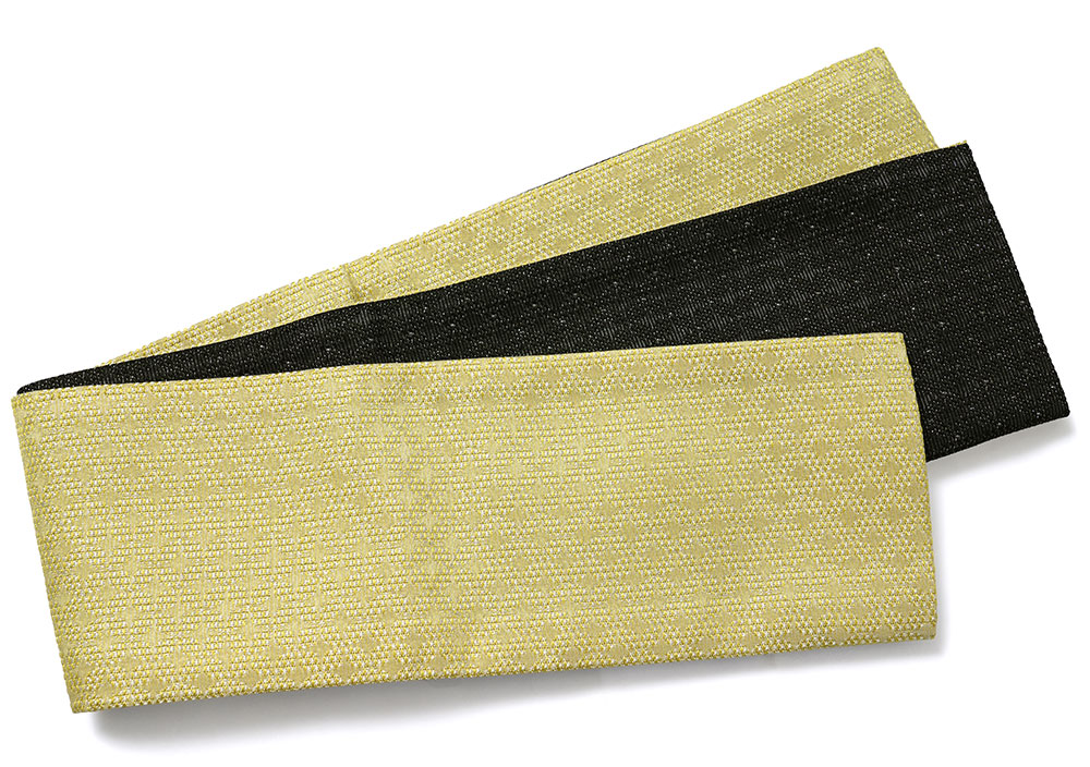 【新品】撫松庵 半幅帯 リバーシブル イエロー×ネイビー 撫松庵 半幅帯 織七宝 イエロー 黒 黄色 ブラック 幾何学 リバーシブル