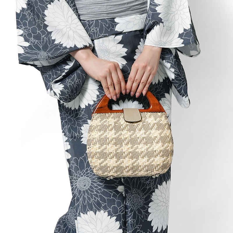 ラタン ハンドバッグ 千鳥格子 PUレザー 女性用 鞄 和装 夏 浴衣 着物