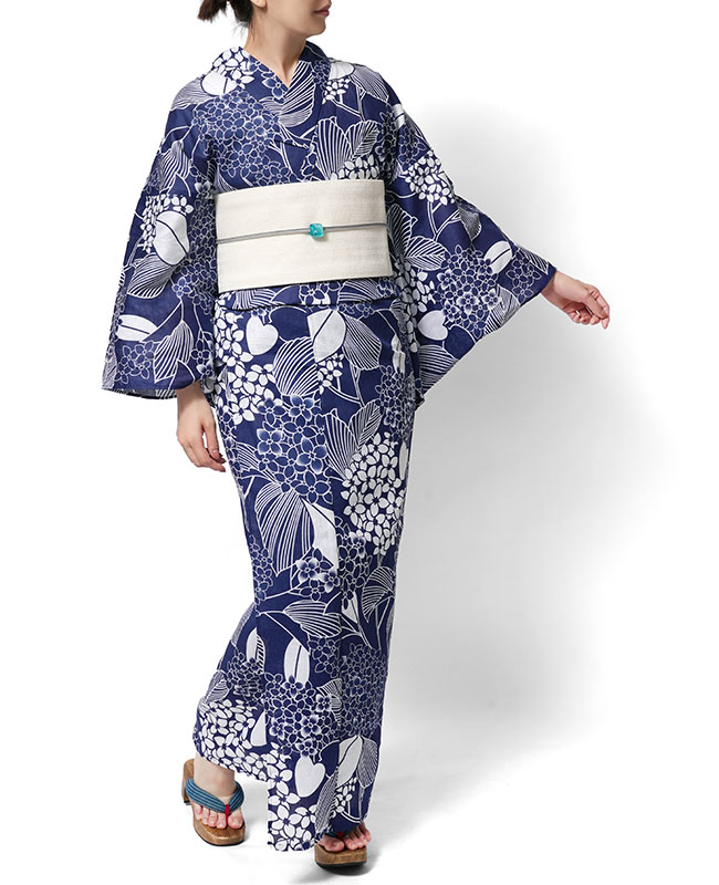 A*z様 浴衣　綿麻　紫陽花　アジサイ 浴衣 綿麻 紫陽花 花 アジサイ 紺 白 レディース ナチュラル