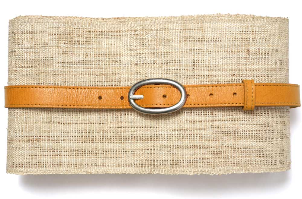 半幅帯 手織り 天然布 牛革 ベルト 科布 葛布 ベージュ ブラウン