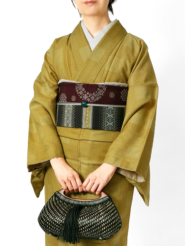 着物 小紋タイル きれどり 格子 からし マスタード 黄色