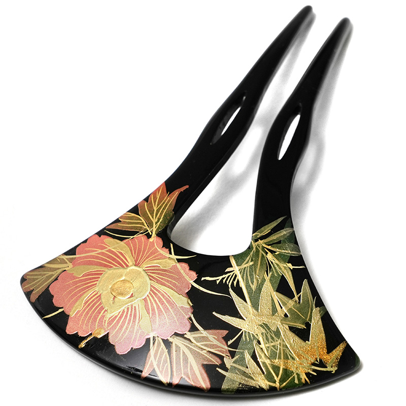 かんざし 牡丹 竹 蒔絵風 黒 ゴールド ピンク 緑 バチ型 フォーマル