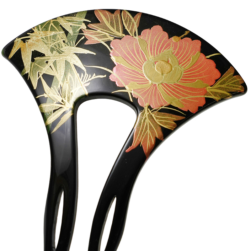かんざし 牡丹 竹 蒔絵風 黒 ゴールド ピンク 緑 バチ型 フォーマル