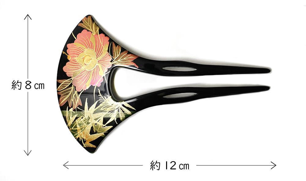 かんざし 牡丹 竹 蒔絵風 黒 ゴールド ピンク 緑 バチ型 フォーマル