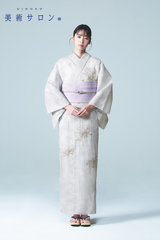 浴衣 美術サロン 綿麻 知多木綿 重ね染 洋菊 オフ白 ライトグレー 箔 レディース 上品 女性用 仕立上がり 単品 日本製の画像