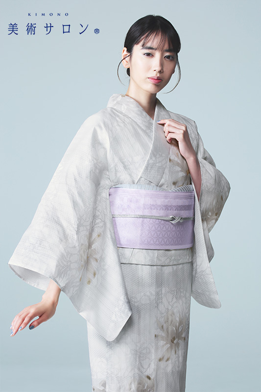 浴衣 美術サロン 綿麻 知多木綿 重ね染 洋菊 オフ白 ライトグレー 箔 レディース 上品 女性用 仕立上がり 単品 日本製の画像
