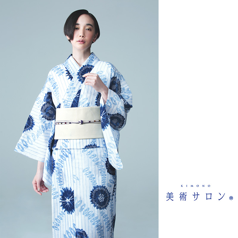 青蘭　　着物女性 浴衣 美術サロン 藍捺染 知多木綿 綿麻 水波紋 藍 紺 白 レディース