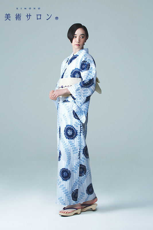 浴衣 美術サロン 藍捺染 知多木綿 綿麻 水波紋 藍 紺 白 レディース
