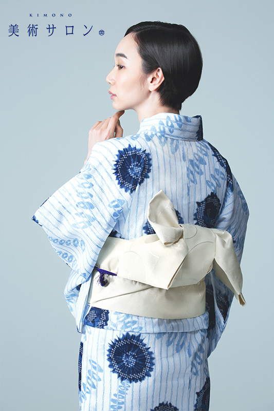 浴衣 美術サロン 藍捺染 知多木綿 綿麻 水波紋 藍 紺 白 レディース