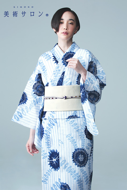 浴衣 美術サロン 藍捺染 知多木綿 綿麻 水波紋 藍 紺 白 レディース