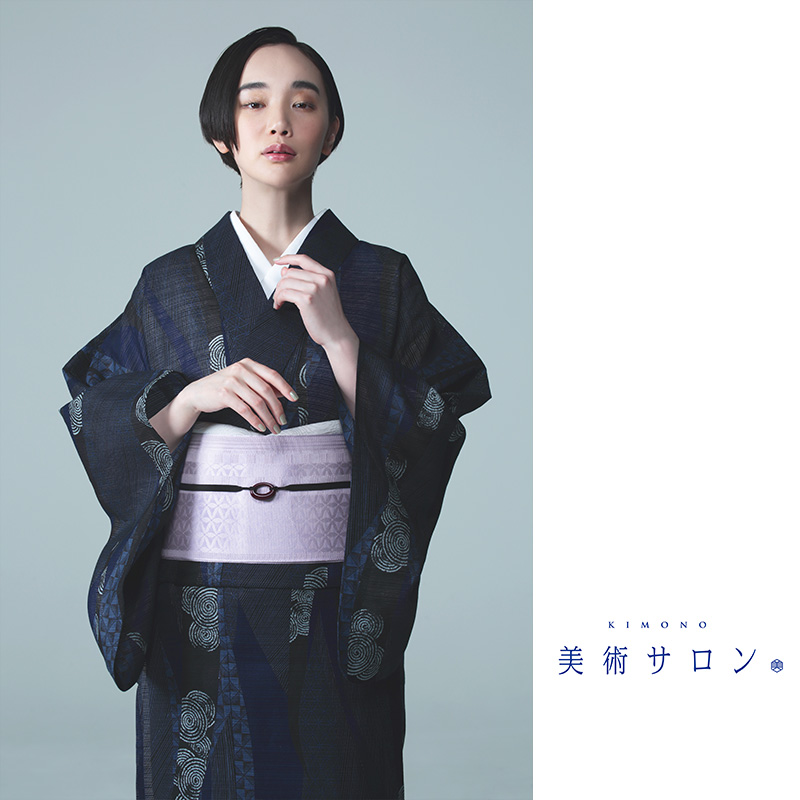 浴衣 美術サロン 綿絽 よろけ縞 渦 紺 細密染め 古典柄
