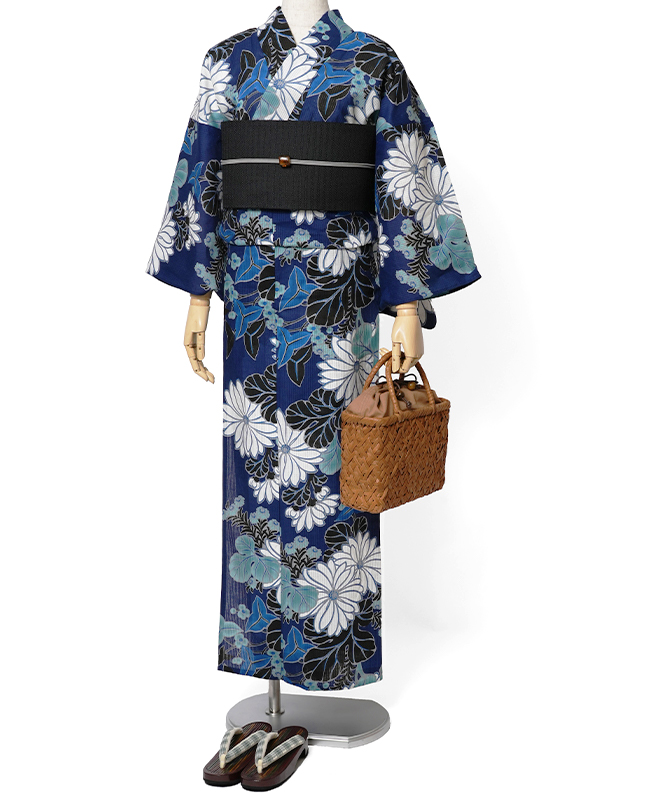 浴衣 芸艸堂 綿絽 菊 紺 オフ白 花 UNSODO ブランド 古典柄 モダン