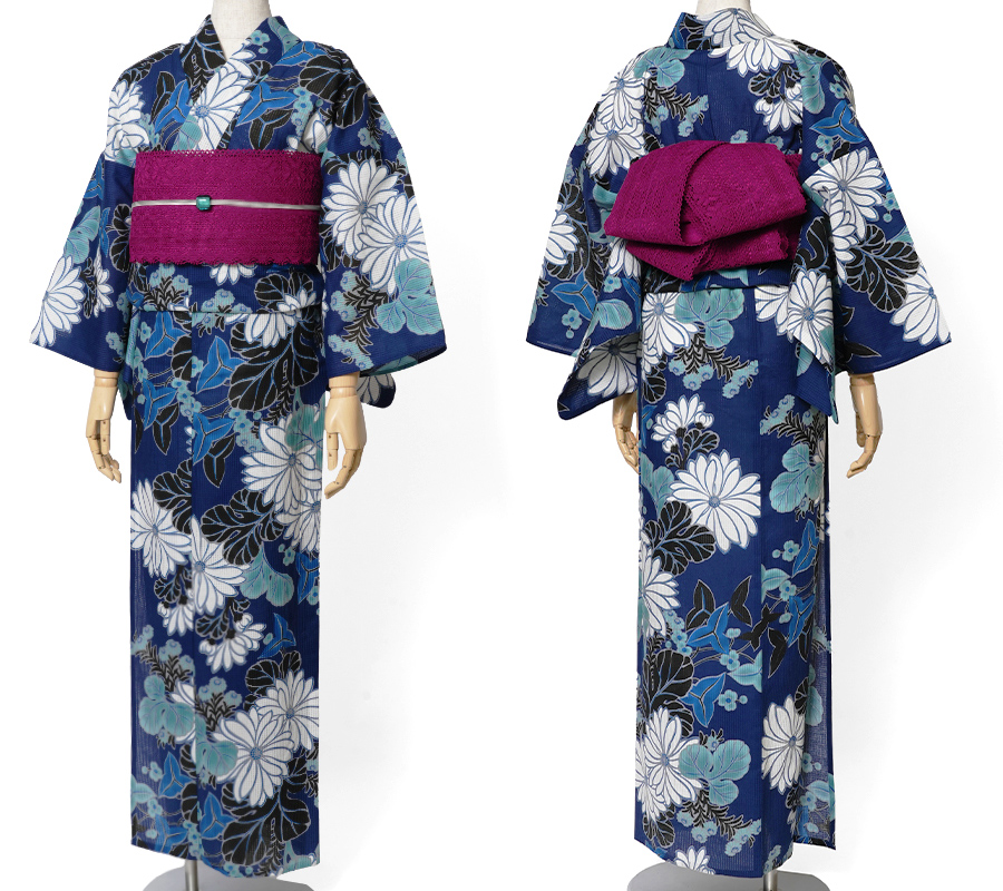 浴衣 芸艸堂 綿絽 菊 紺 オフ白 花 UNSODO ブランド 古典柄 モダン
