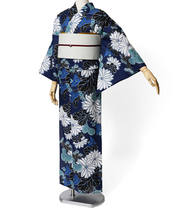 浴衣 芸艸堂 綿絽 菊 紺 オフ白 花 UNSODO ブランド 古典柄 モダン