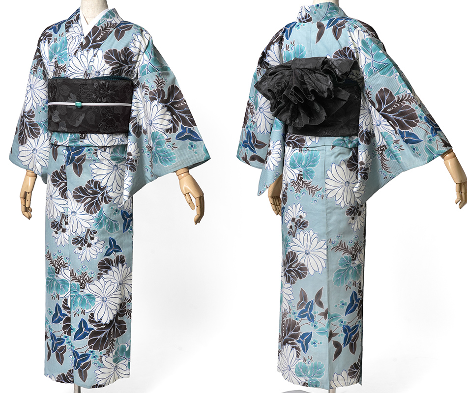 浴衣 芸艸堂 綿絽 菊 水色 オフ白 花 UNSODO ブランド 古典柄 モダン