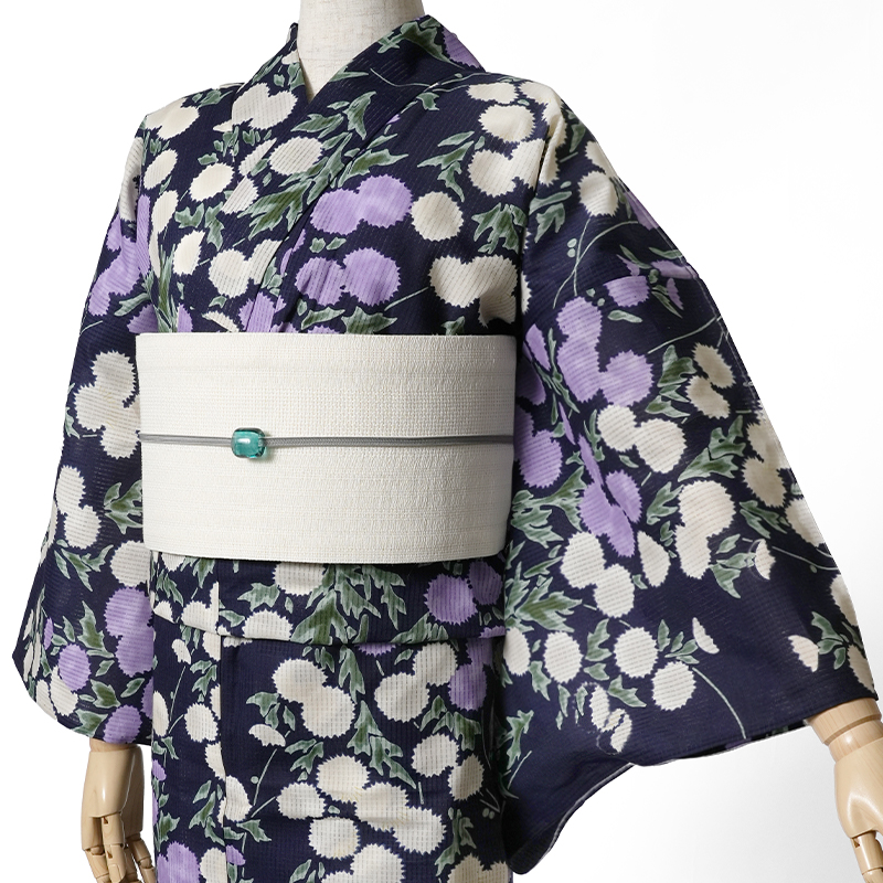 浴衣 芸艸堂 綿絽 アザミ 紫紺 オフ白 藤 花 UNSODO ブランド 古典柄
