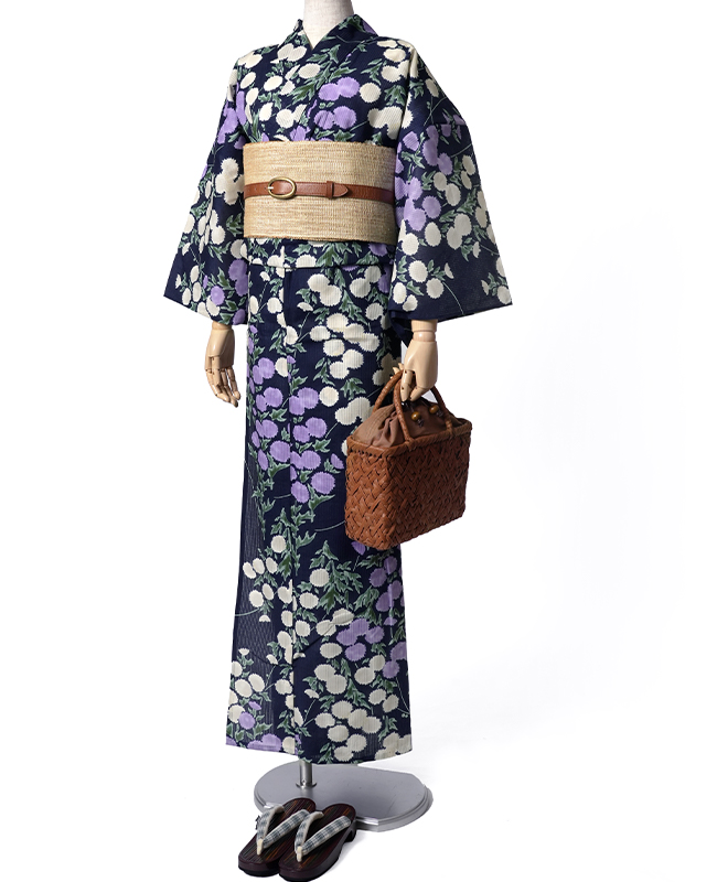浴衣 芸艸堂 綿絽 アザミ 紫紺 オフ白 藤 花 UNSODO ブランド 古典柄