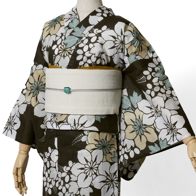 浴衣 芸艸堂 綿絽 桔梗 ダークブラウン オフ白 花 UNSODO ブランド