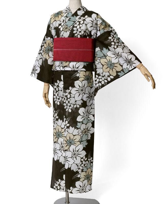 浴衣 芸艸堂 綿絽 桔梗 ダークブラウン オフ白 花 UNSODO ブランド