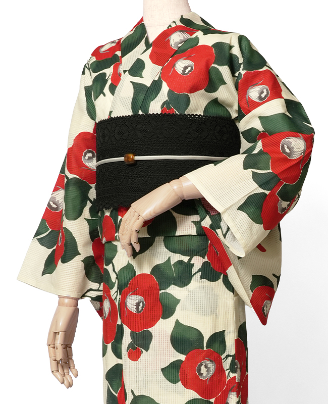 浴衣 芸艸堂 綿絽 椿 赤 クリーム 花 UNSODO ブランド 古典柄