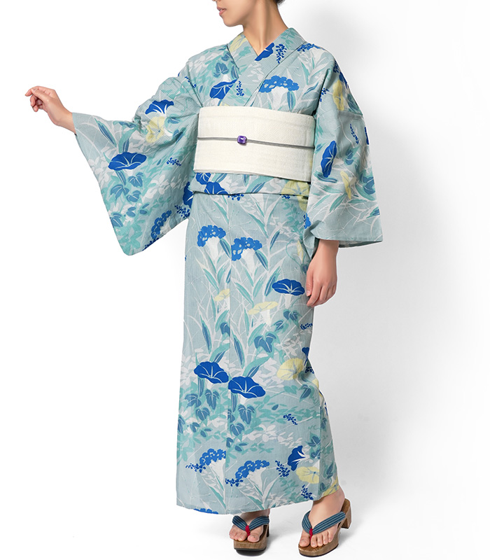 浴衣 芸艸堂 綿絽 秋草 朝顔 水色 青磁 花 植物 UNSODO ブランド 古典
