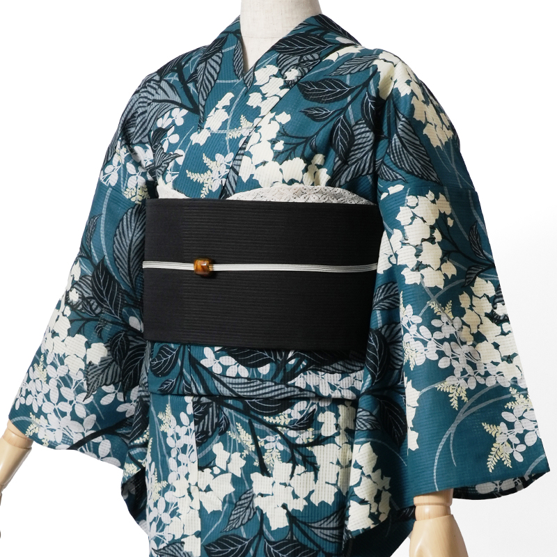 浴衣 芸艸堂 綿絽 紫陽花 ターコイズ 紺 オフ白 花 植物 UNSODO