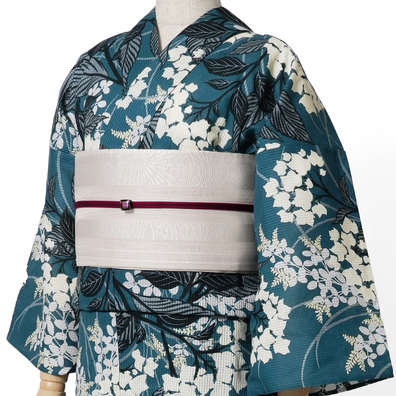 浴衣 芸艸堂 綿絽 紫陽花 ターコイズ 紺 オフ白 花 植物 UNSODO