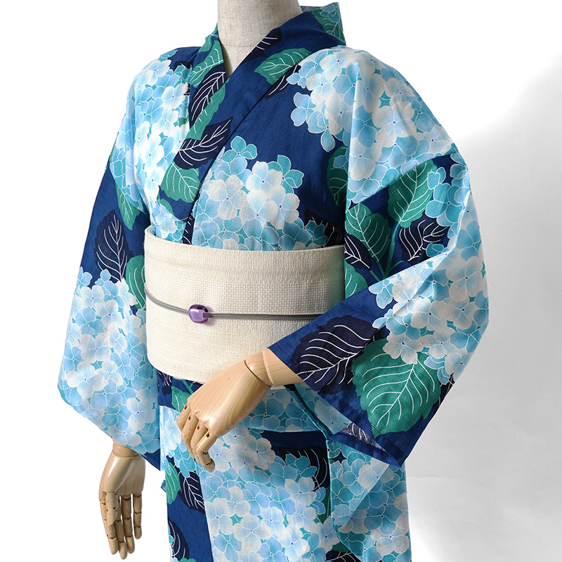 浴衣 綿麻 紫陽花 ネイビー 青 ターコイズ 花柄 レディース かわいい