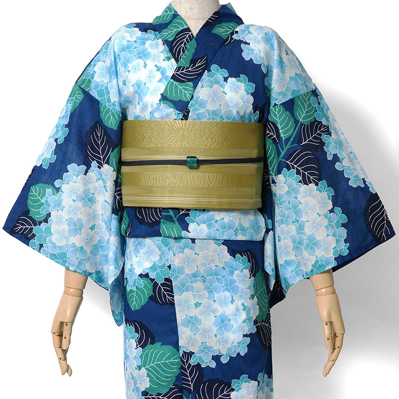 浴衣 綿麻 紫陽花 ネイビー 青 ターコイズ 花柄 レディース かわいい