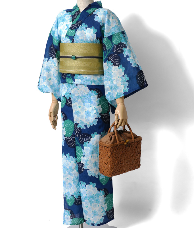 浴衣 綿麻 紫陽花 ネイビー 青 ターコイズ 花柄 レディース かわいい